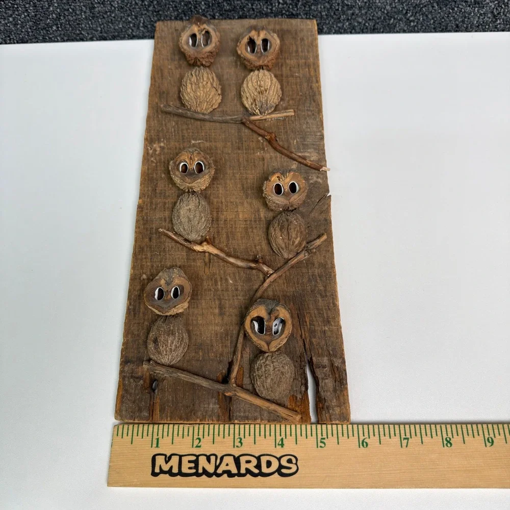 Vintage Owl Wall Hanging Folk Art Rustic Wood Black Walnut Shell Woodland Decor